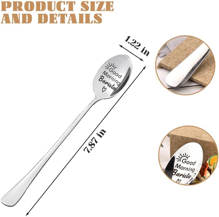 Borhmty Best Barista Gifts for Men Women Good Morning Barista Birthday Gifts Spoon Engraved Stainless Steel Spoon for Ice Cream Soup Tea Barista's Coffe Spoons - Image 2